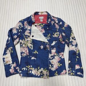 Soft Surroundings Heavenly Soft Jacket Size 14 Pockets Raw Edge Floral Blue